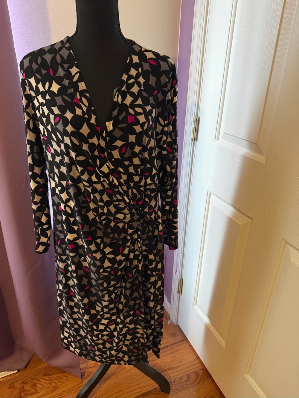 Anne Klein Black White Pink Abstract Wrap-Style Midi Dress XL NWOT